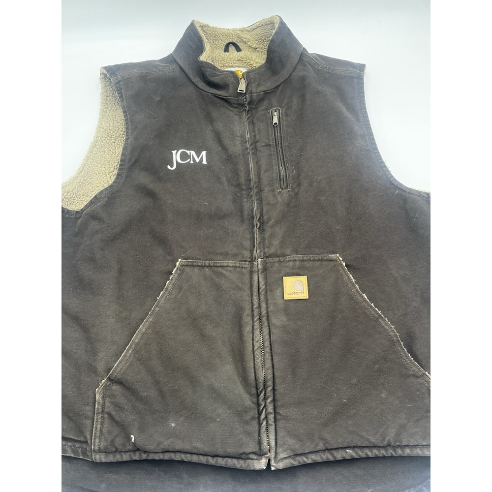 Carhartt XL Brown Duck Sherpa Lined Work Vest JCM Embroidered Some Wear